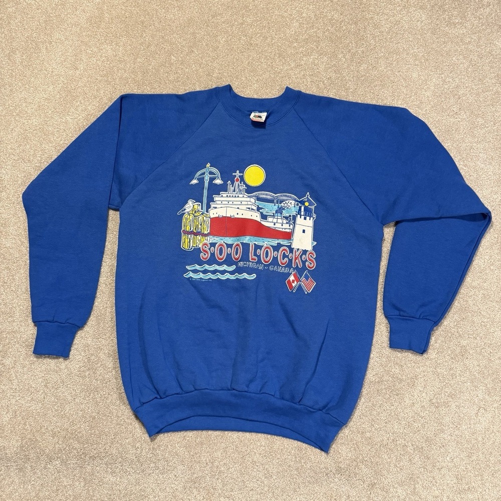 Vintage Soo Locks Sweatshirt Mens XL Blue Michigan/Canada Ships Great Lakes USA